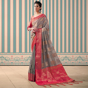 Grey Woven Linen Saree With Tassels
