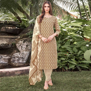 Brown Floral Printed Cotton Blend Suit
