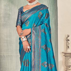 Blue Woven Art Silk Saree With Tassels