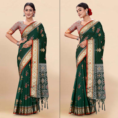 Dark Green Woven Patola Art Silk Saree With Tassels