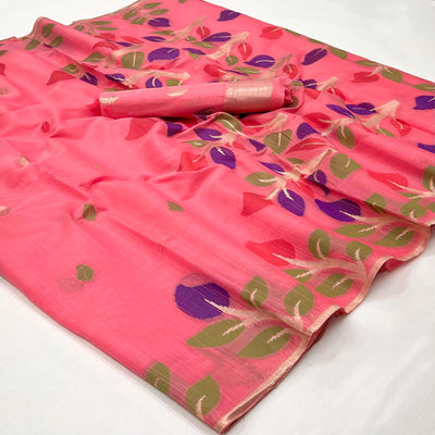 Gajari Pink Floral Woven Cotton Saree
