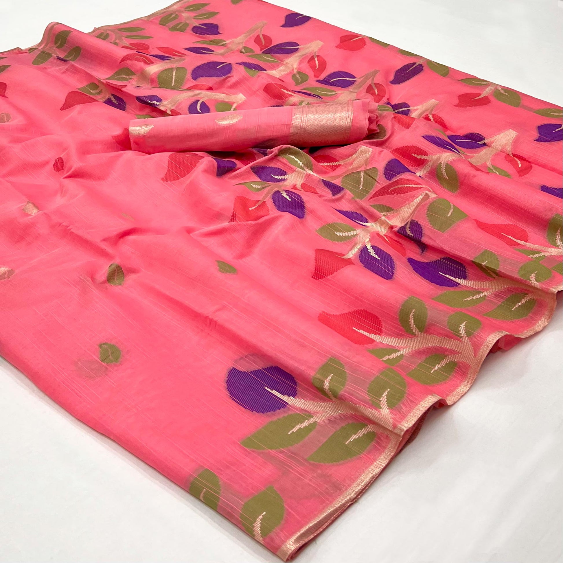 Gajari Pink Floral Woven Cotton Saree