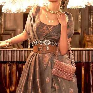 Brown Woven Linen Saree With Tassels