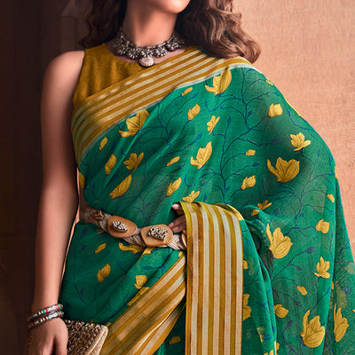 green-floral-printed-linen-saree-1