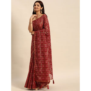 Maroon Bandhani Foil Printed Zomato Saree With Tassels