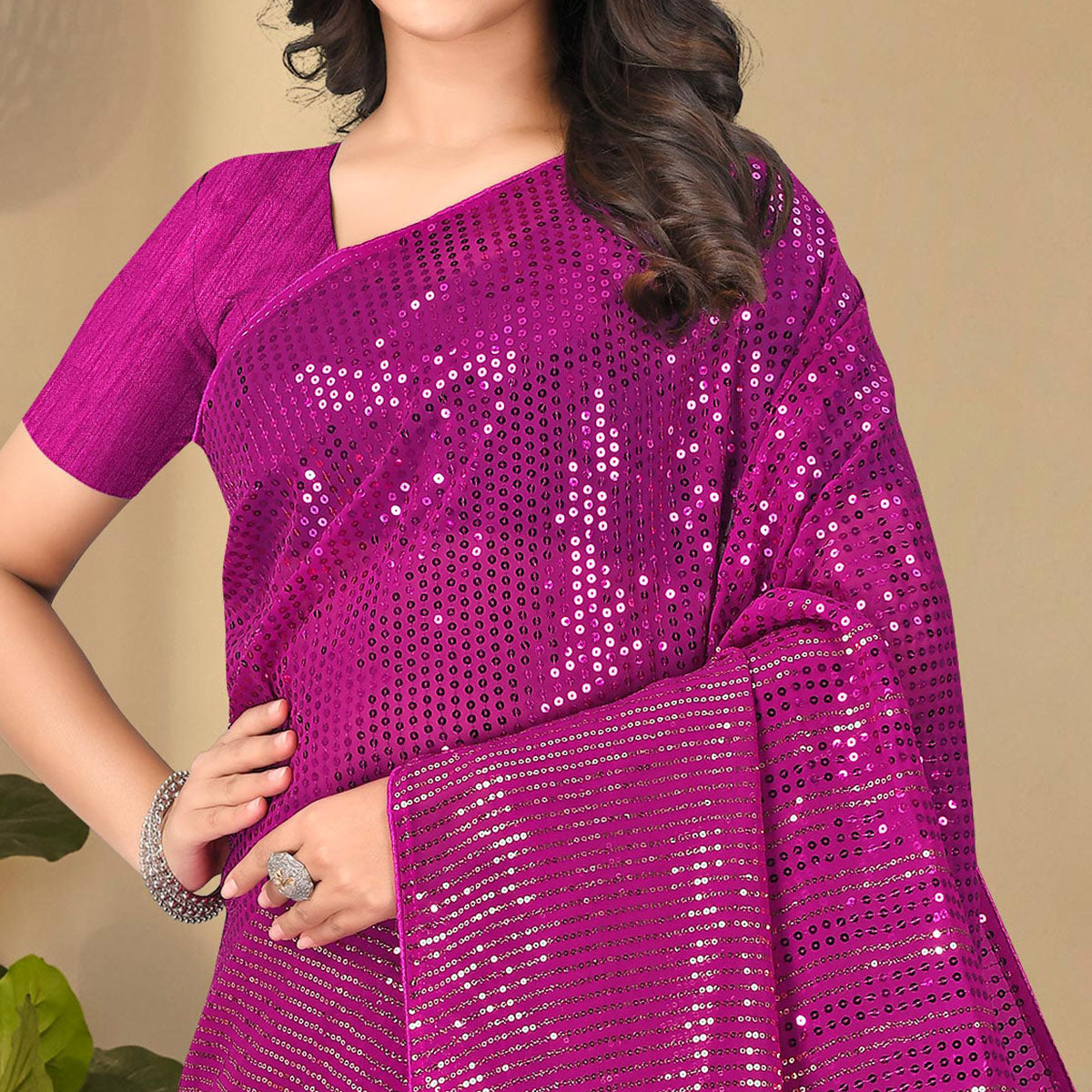 Magenta Pink Sequins Embroidered Georgette Saree