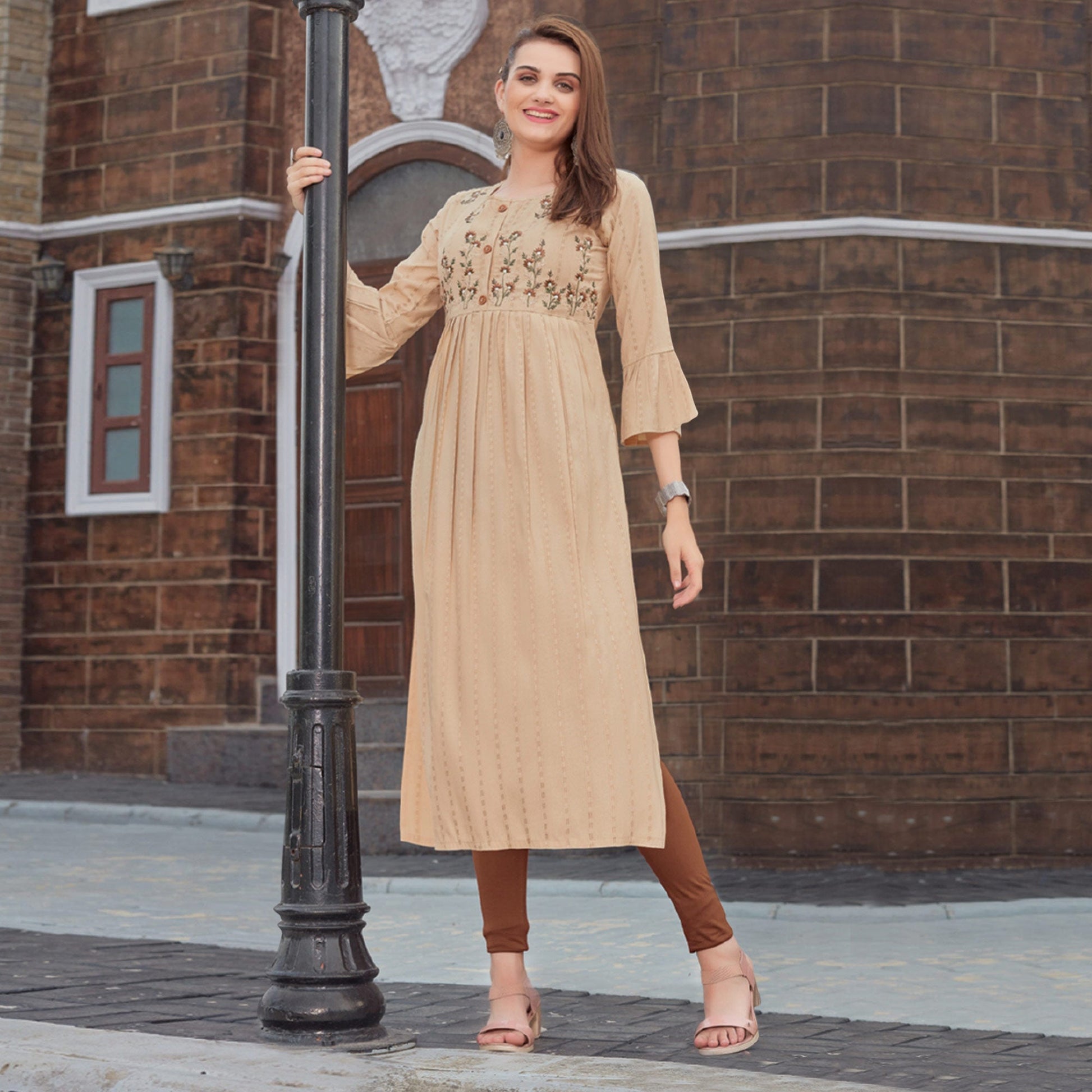Light Brown Floral Embroidered Rayon Naira Cut Kurti