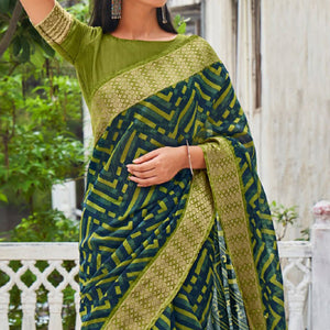 green-blue-printed-with-woven-border-raw-silk