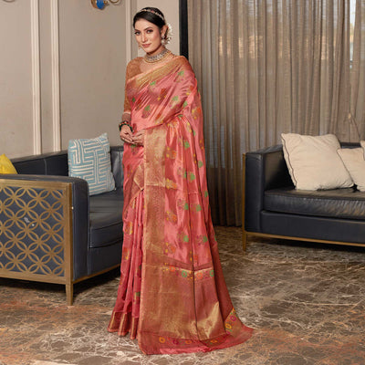 Gajari Pink Floral Woven Organza Saree