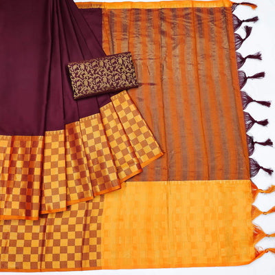 Maroon Woven Cotton Silk Saree With Tassels