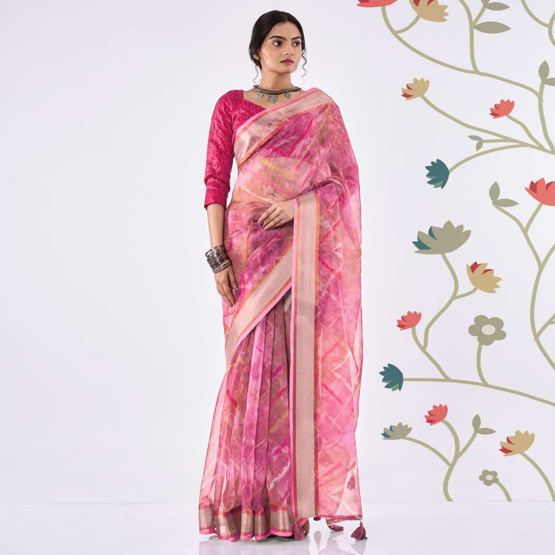 Magenta Purple Printed Organza Saree With Woven Border