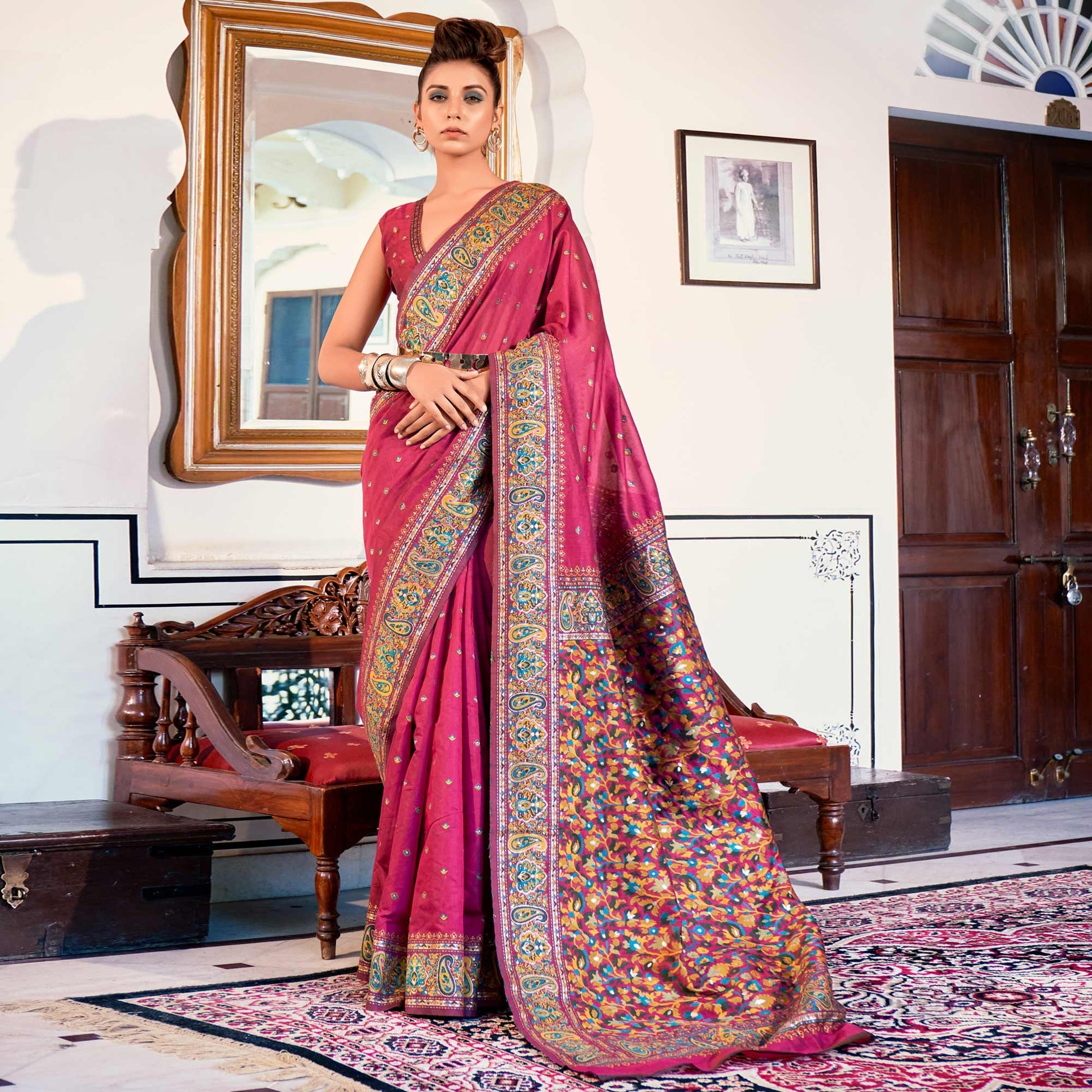 Magenta Pink Woven Modal Saree