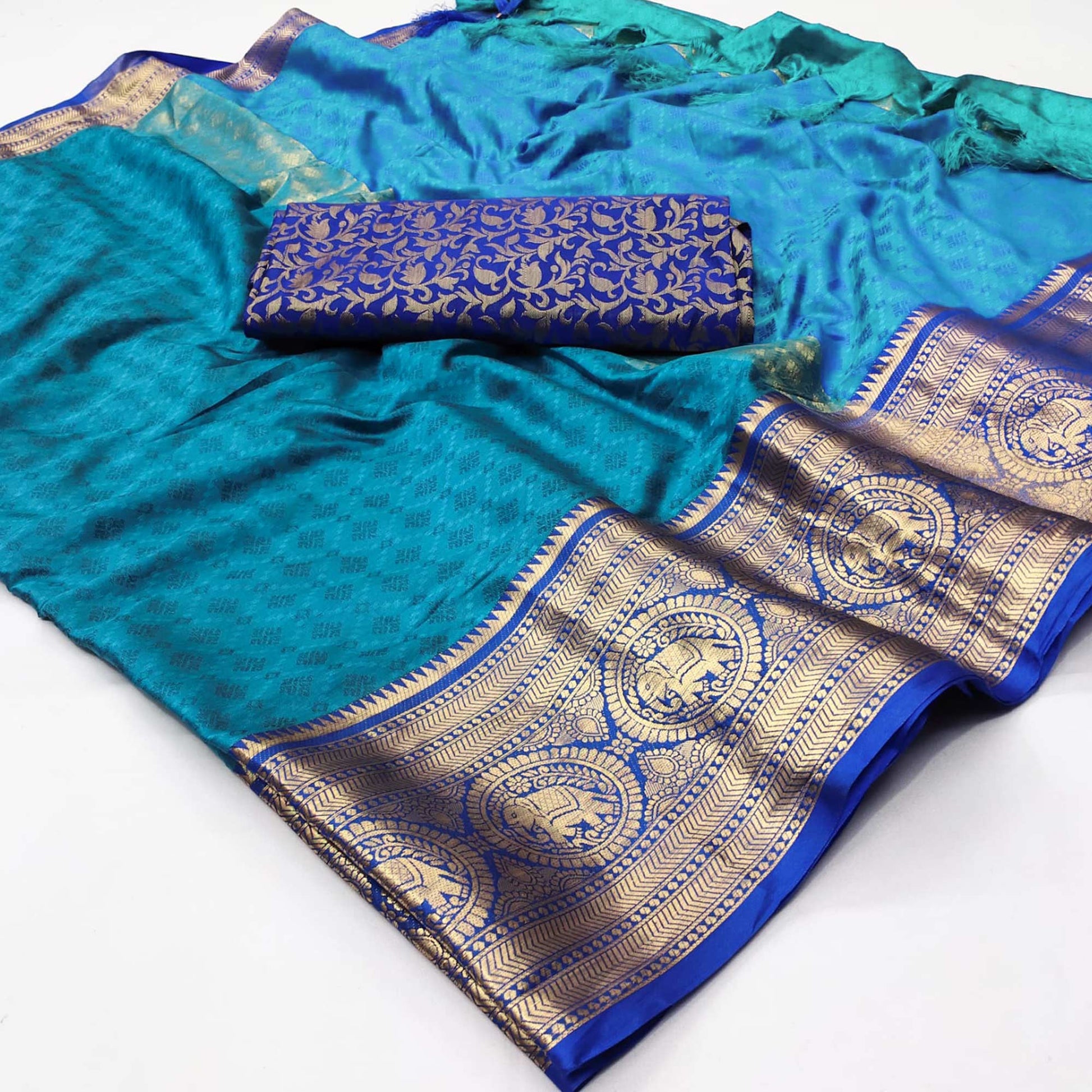 Firozi Woven Cotton Silk Saree With Tassels