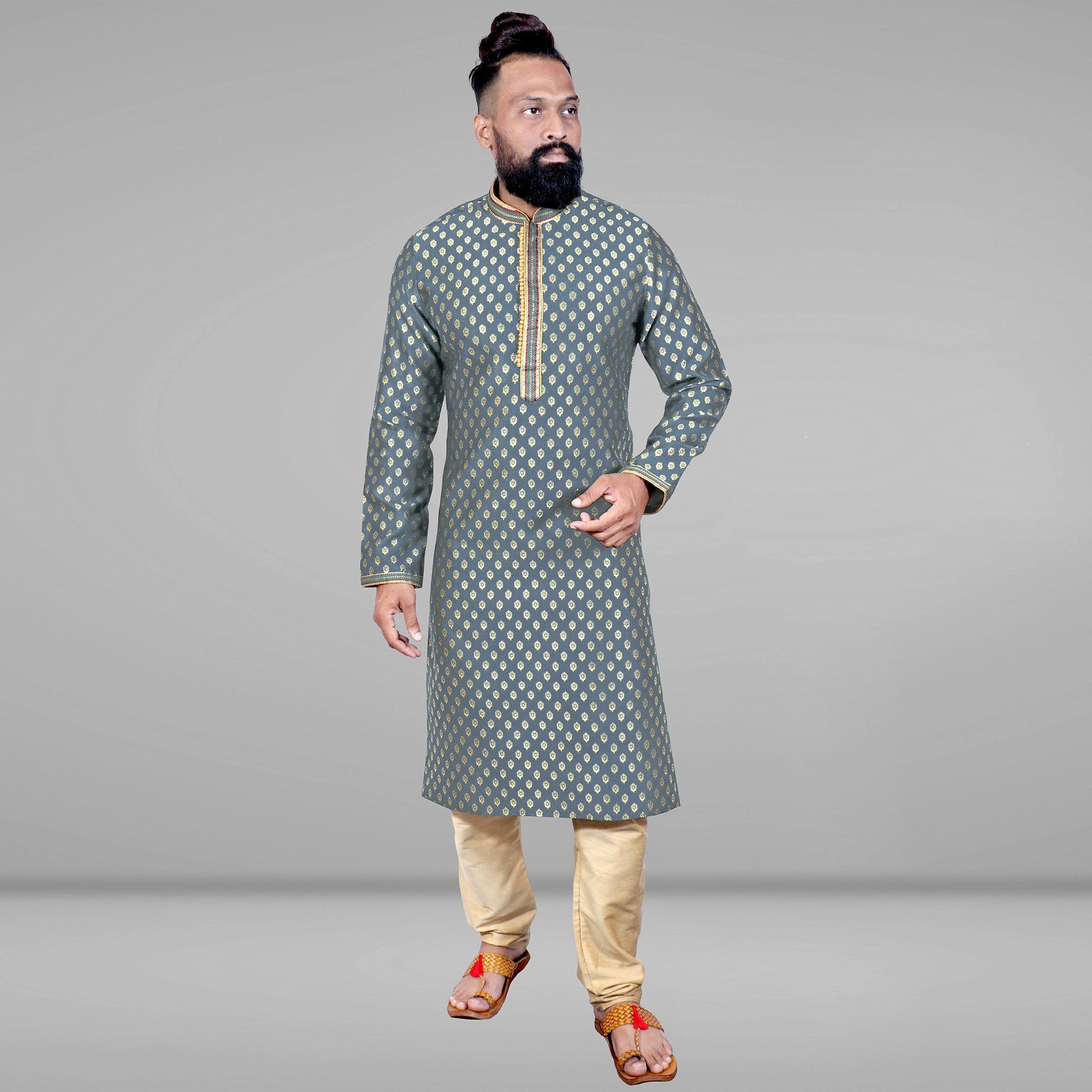 gray-woven-jacquard-kurta-pyjama-set