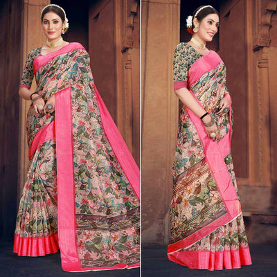 Light Pink Digital Printed Cotton Blend Saree