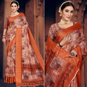 Brown Digital Printed Cotton Blend Saree