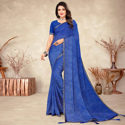 Blue Striped Printed Chiffon Saree