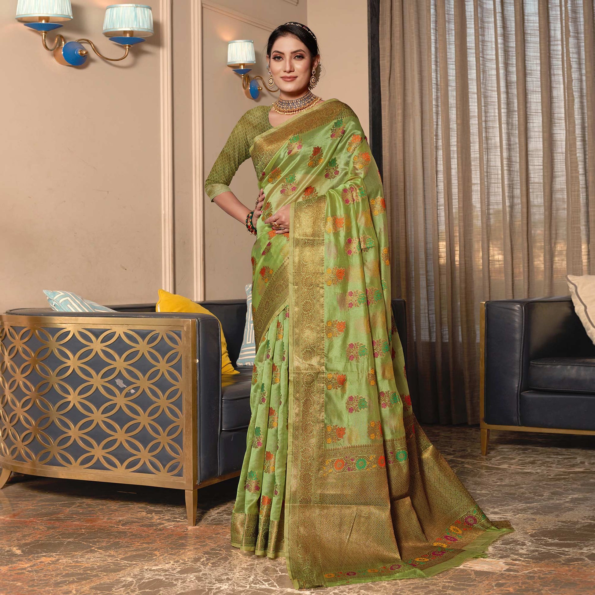 b-green-floral-woven-organza-saree