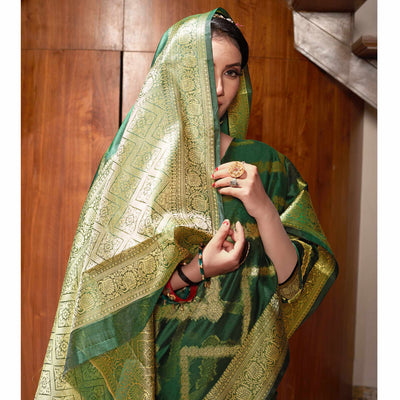 Bottle Green Woven Organza Saree
