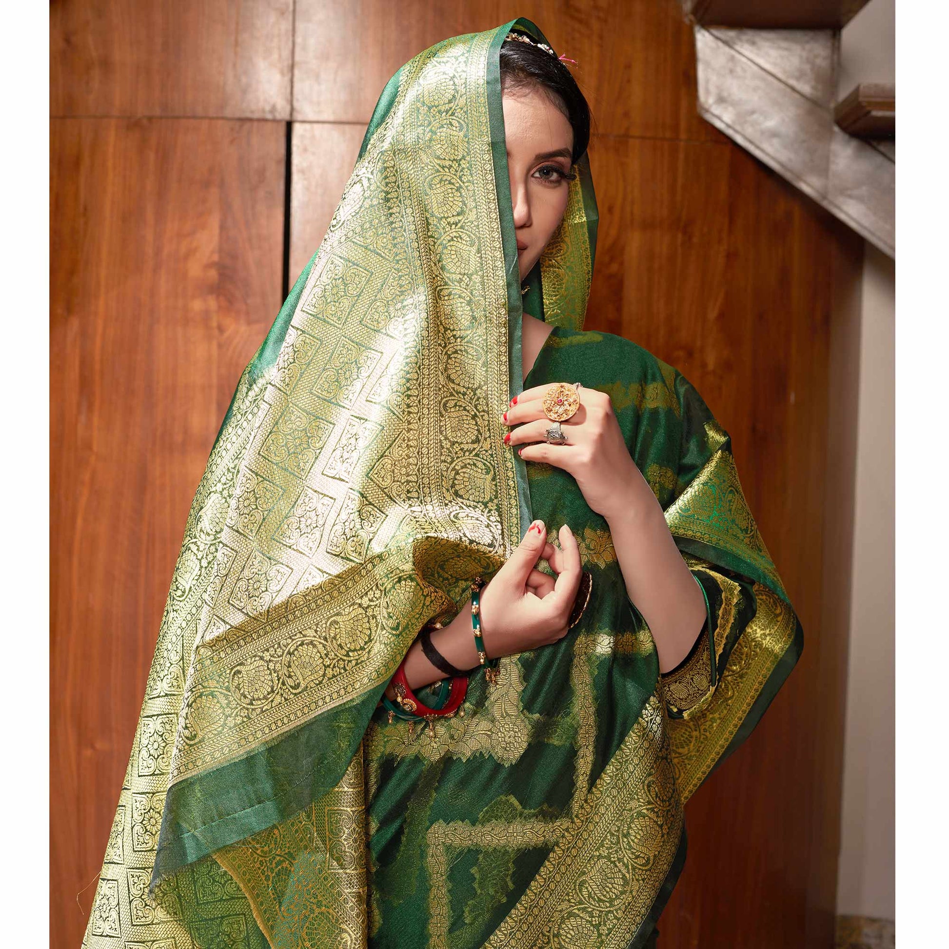 Bottle Green Woven Organza Saree