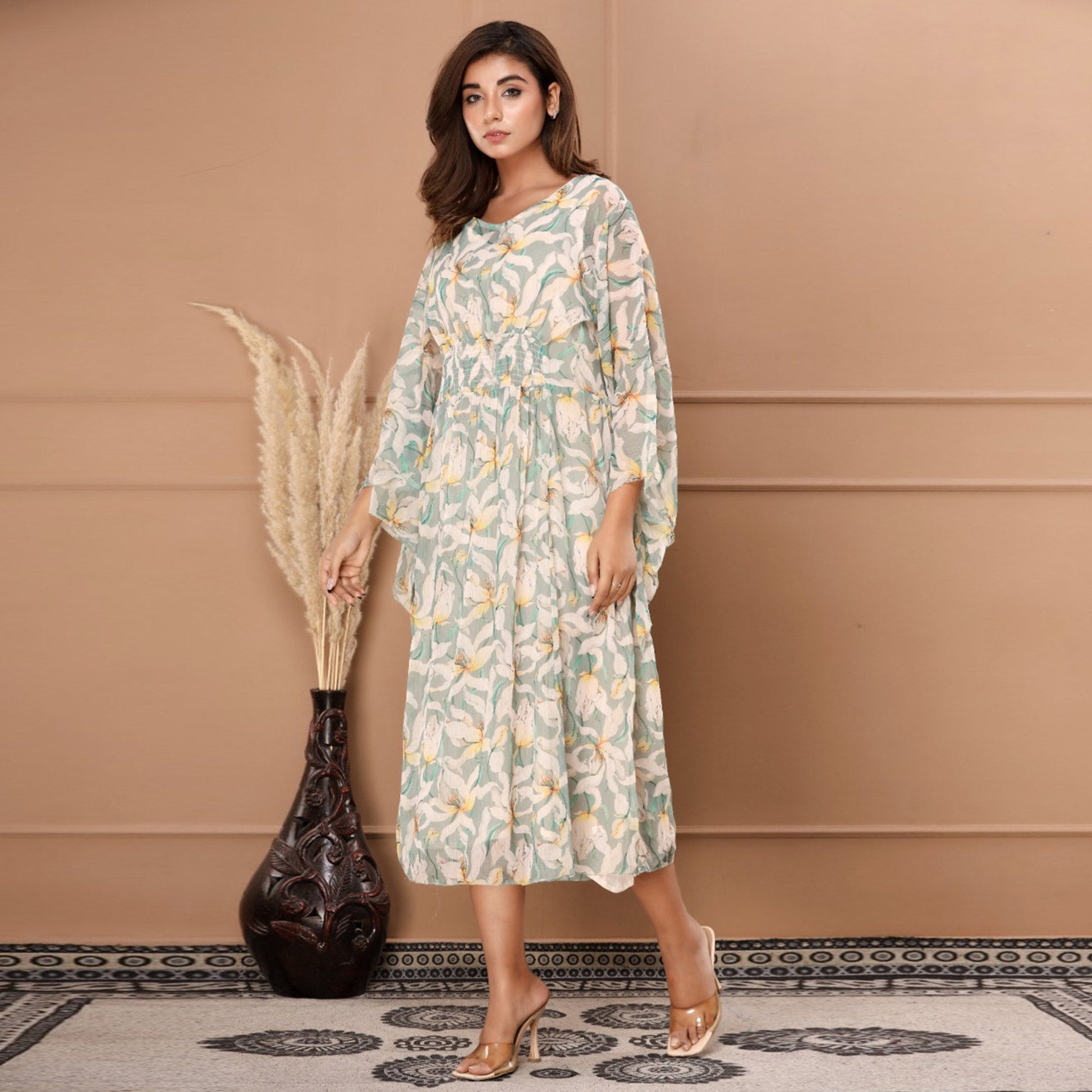 green-floral-printed-chiffon-dress