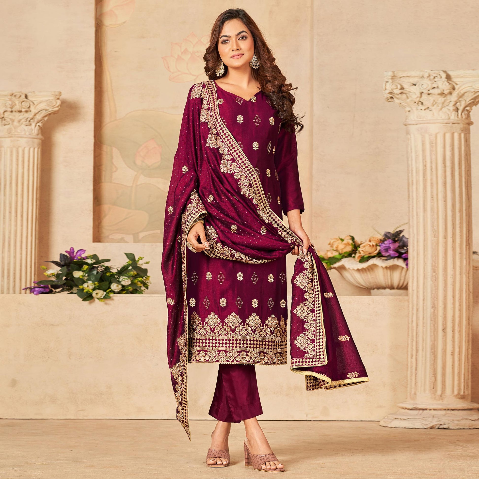 Magenta Pink Embroidered Vichitra Silk Suit