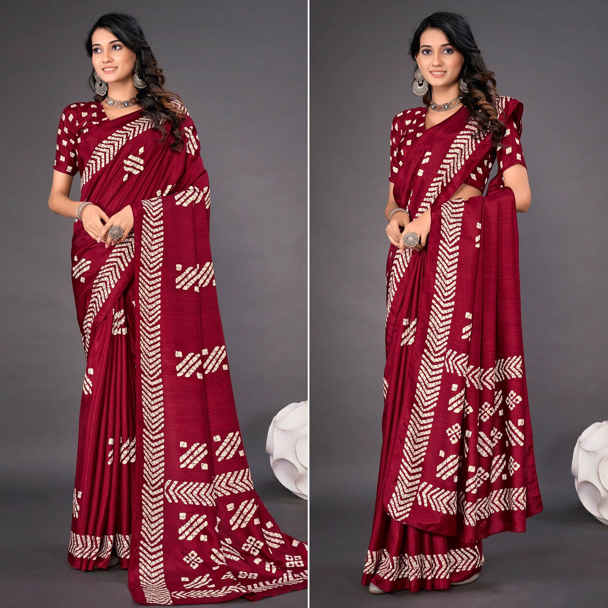 Maroon Printed Dola Silk Saree