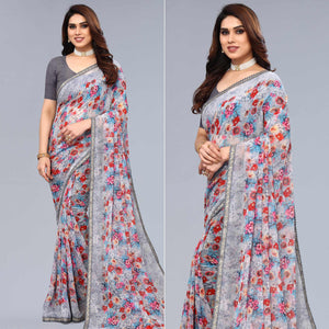 Grey Printed Georgette Saree With Crochet Border