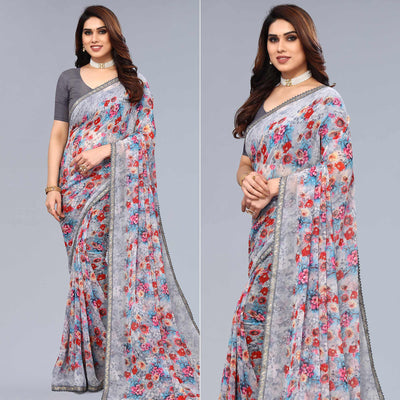 Grey Printed Georgette Saree With Crochet Border