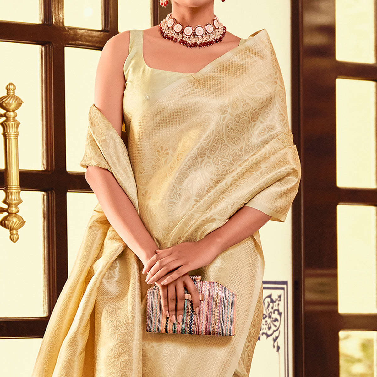 Light Yellow Woven Kanjivaran Silk Saree