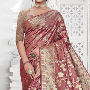 Mauve Floral Woven Organza Saree With Tassels