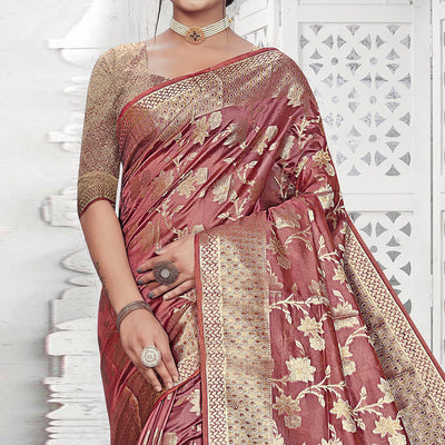 Mauve Floral Woven Organza Saree With Tassels