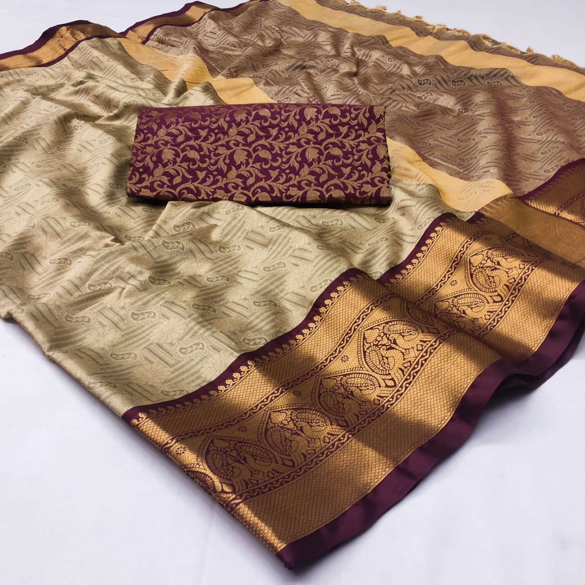 Chikoo Woven Cotton Silk Saree With Tassels