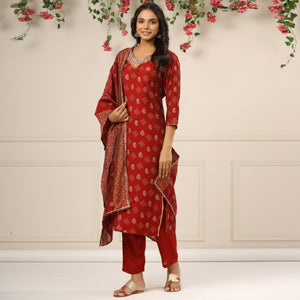 Maroon Jaipuri Printed With Gota Work Chanderi Salwar Suit