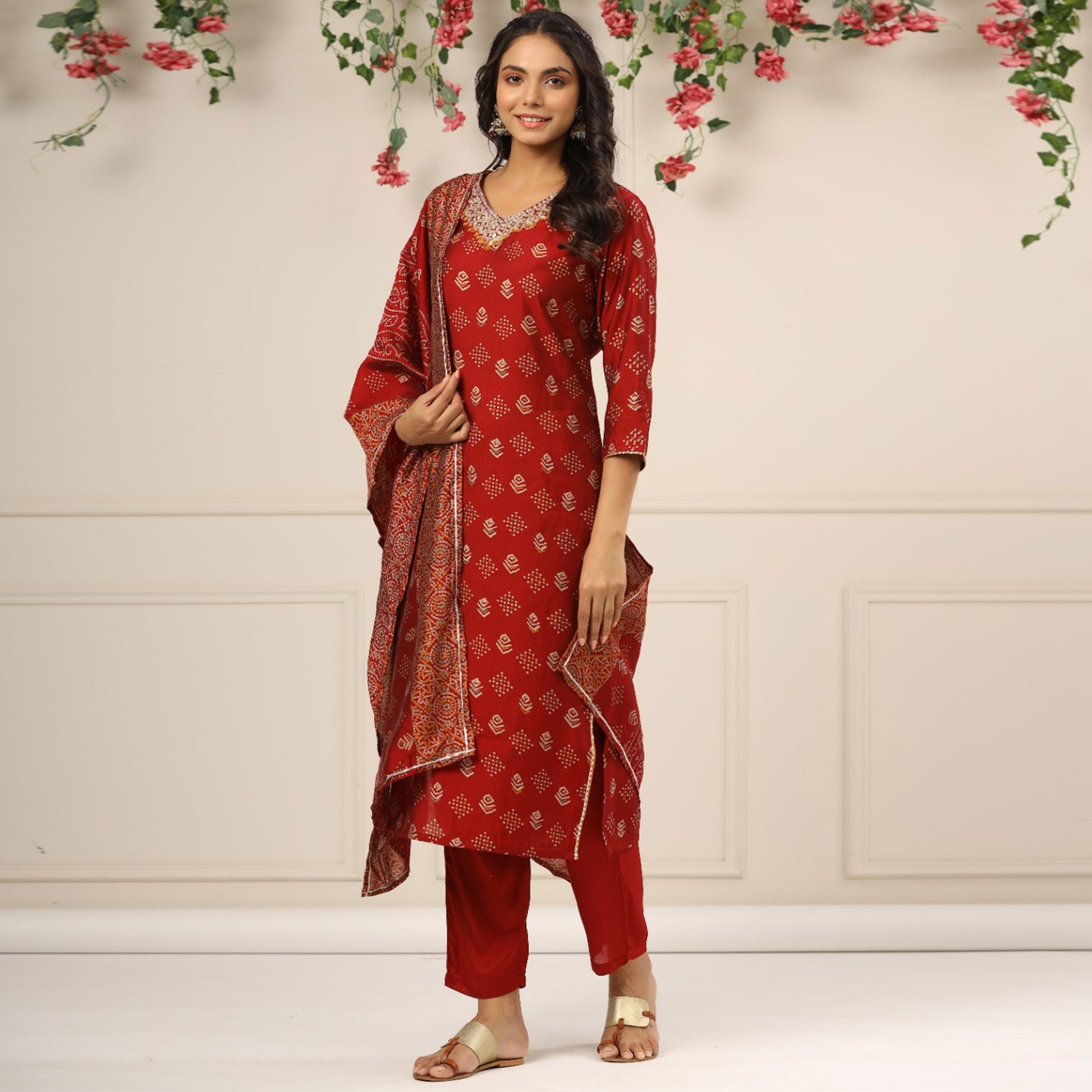 Maroon Jaipuri Printed With Gota Work Chanderi Salwar Suit