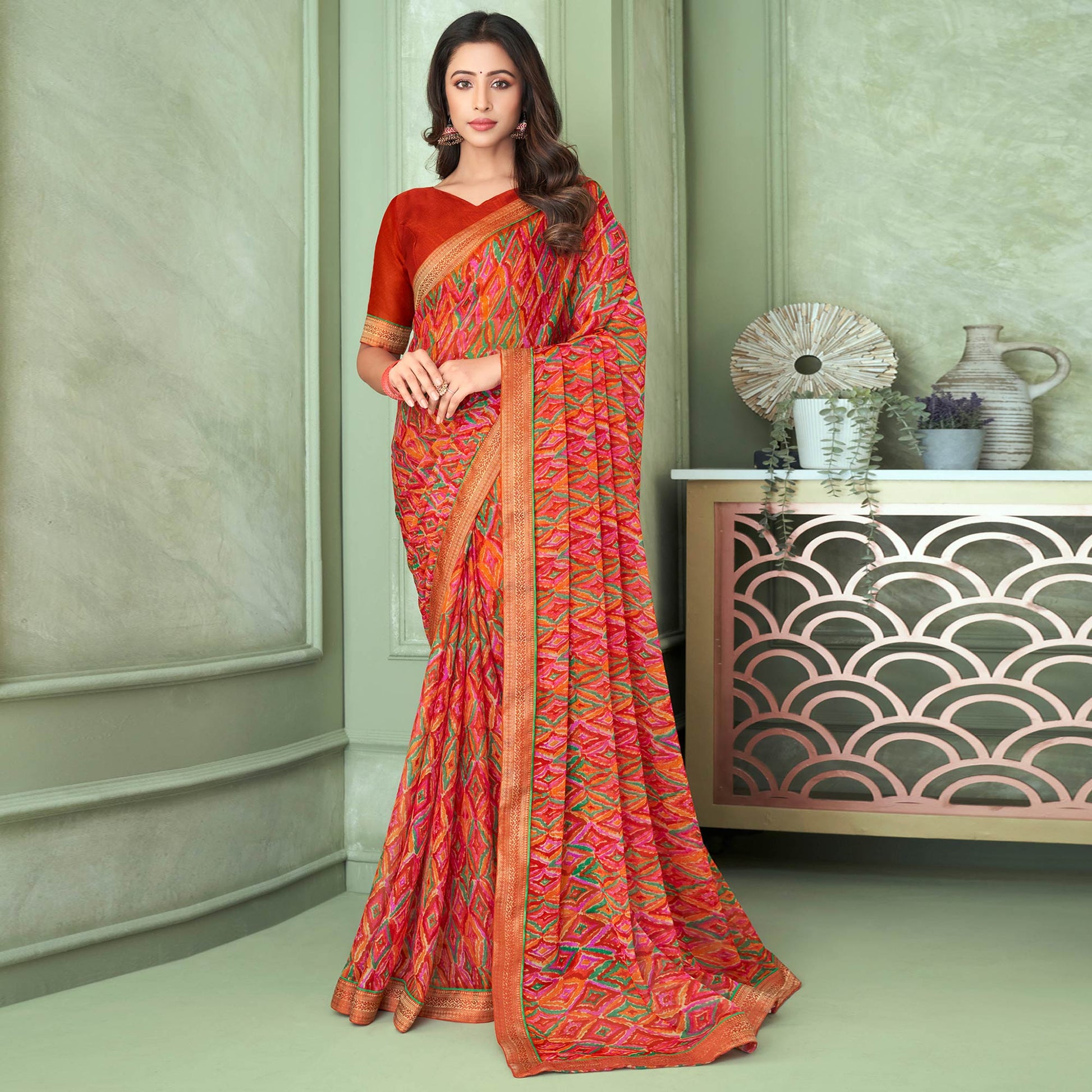 Multicolor Digital Printed Chiffon Saree With Lace Border