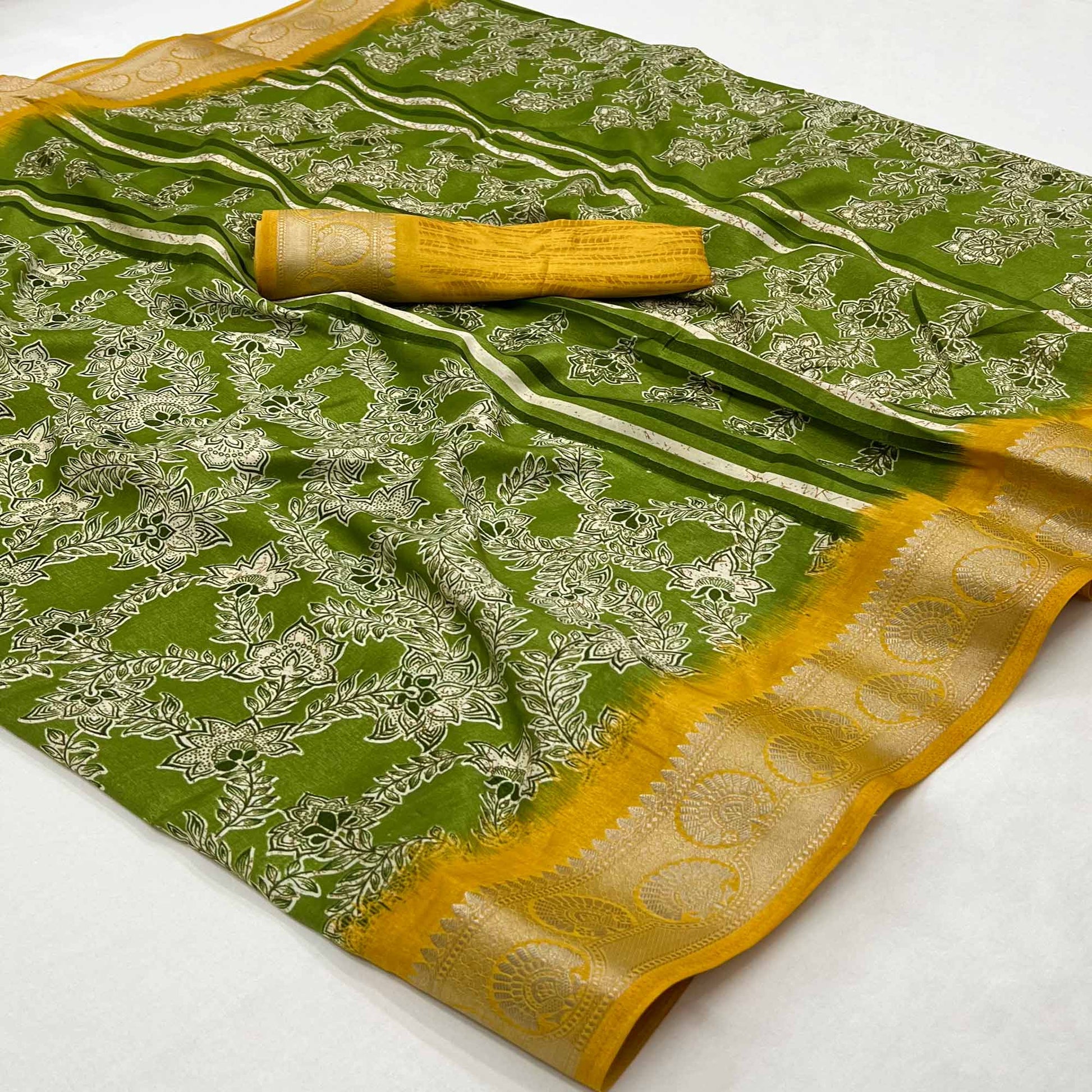 green-floral-printed-with-woven-border-dola-silk-saree