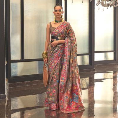 Brown Floral Woven Modal Saree