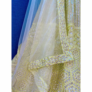 Lemon Yellow Sequins Embroidered Netted Lehenga Choli