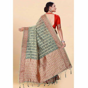 Grey Woven Organza Saree With Tassels