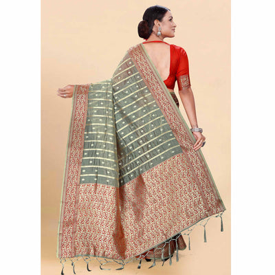Grey Woven Organza Saree With Tassels