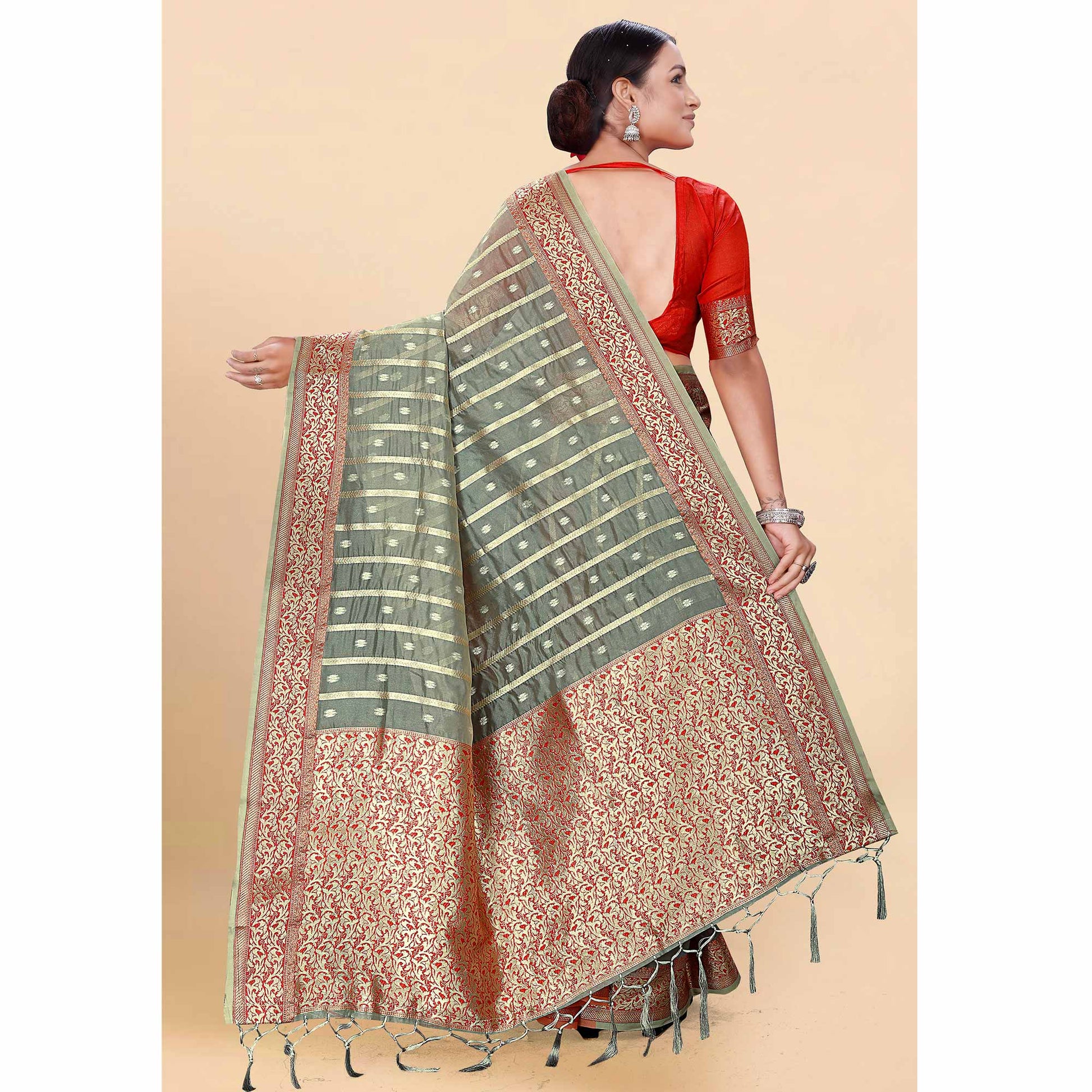 Grey Woven Organza Saree With Tassels