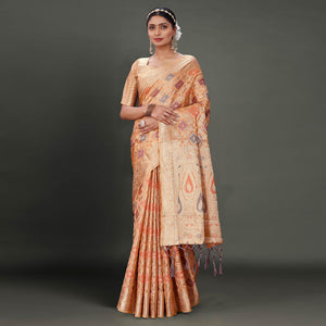 Dark Peach Woven Organza Saree With Tassels