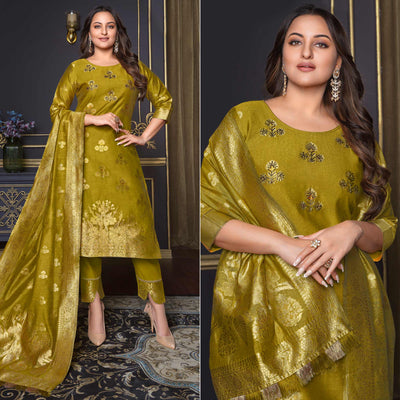 Mehendi Green Woven Banarasi Silk Salwar Suit