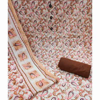 Cream-Brown Printed & Embroidered Pure Cotton Dress Material