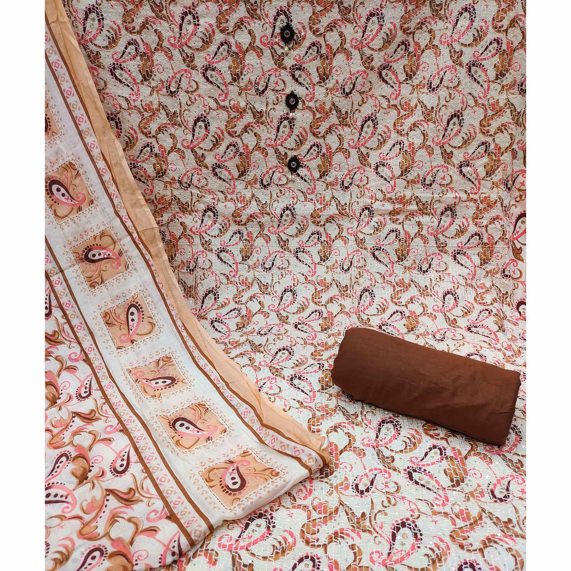 Cream-Brown Printed & Embroidered Pure Cotton Dress Material