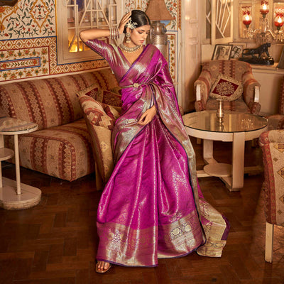 Magenta Pink Floral Woven Kanjivaram Silk Saree
