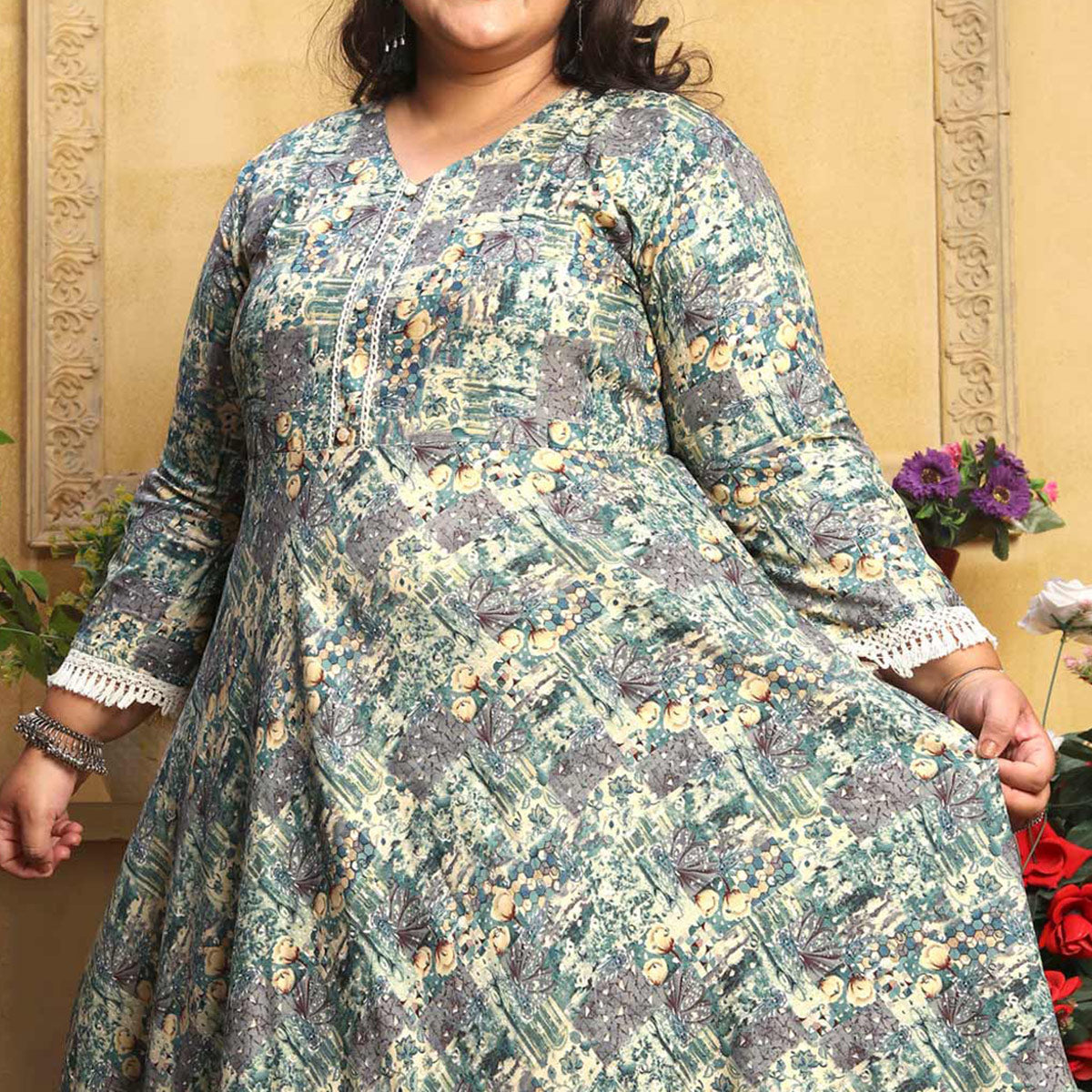 green-floral-printed-rayon-long-kurti