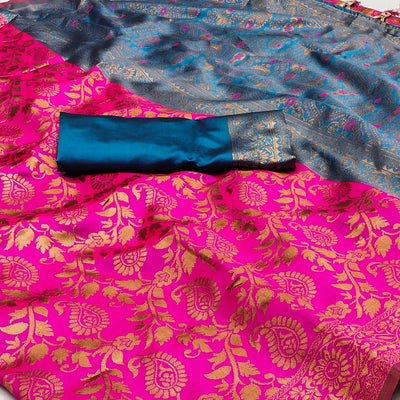 Magenta Pink Floral Woven Jacquard Saree