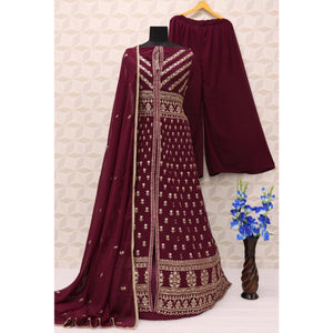 Maroon Floral Embroidered Georgette Palazzo Suit
